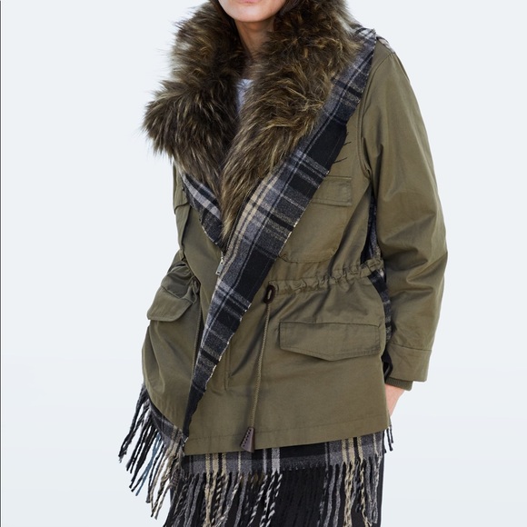 ZARA CONTRAST CHECKED FAUX FUR PARKA COAT JACKET NEW WITH TAGS SIZE XS KHAKI - Picture 4 of 13